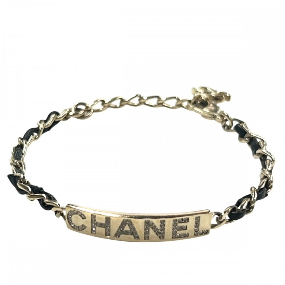 CHANEL Black Leather Logo Charm Bracelet